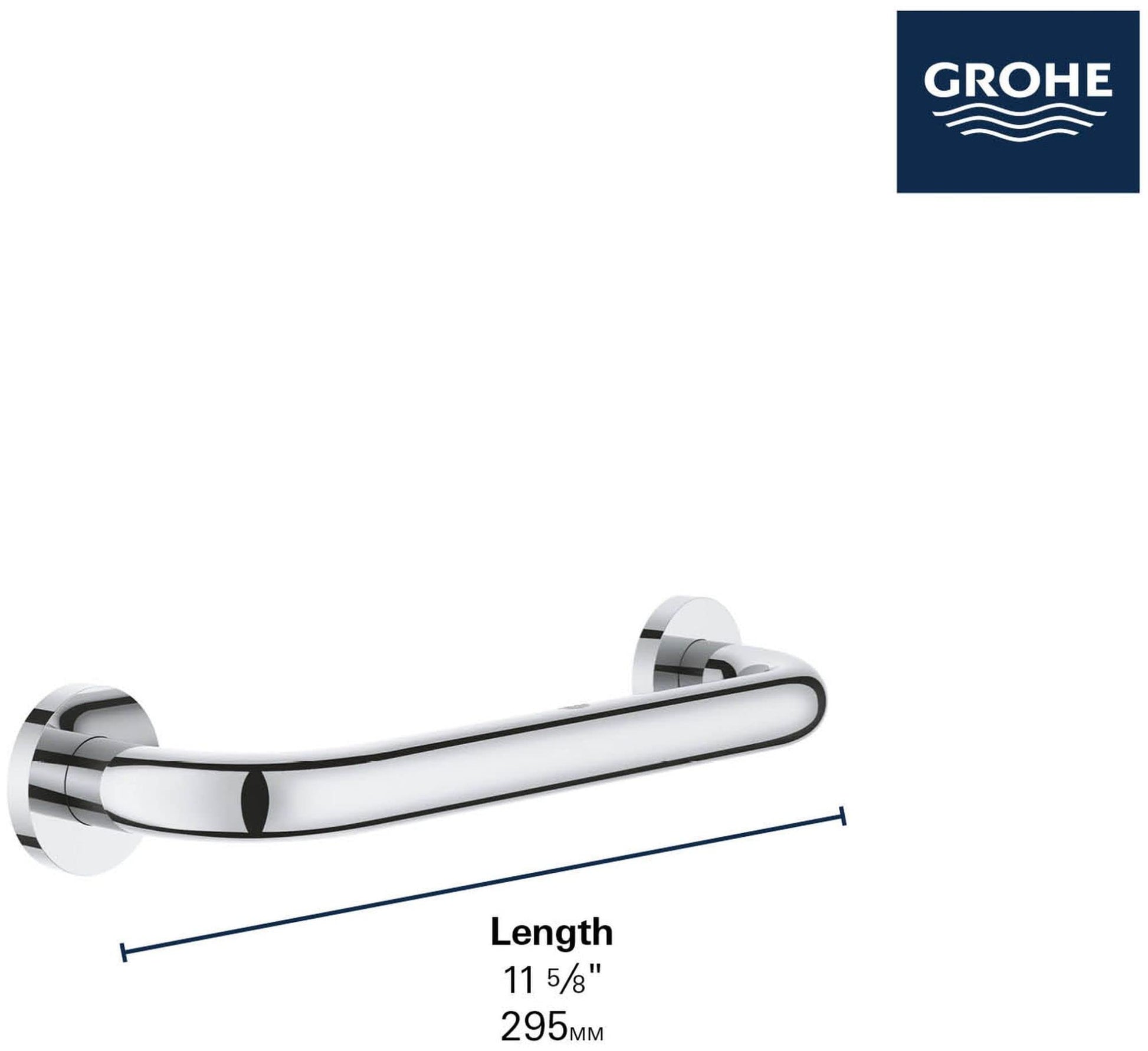 Brushed metal grab bar with rounded cylindrical shape and wall-mounted circular flanges on each end.