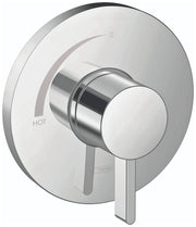 Chrome pressure balance shower valve trim with round escutcheon, single lever handle, and temperature control marking.