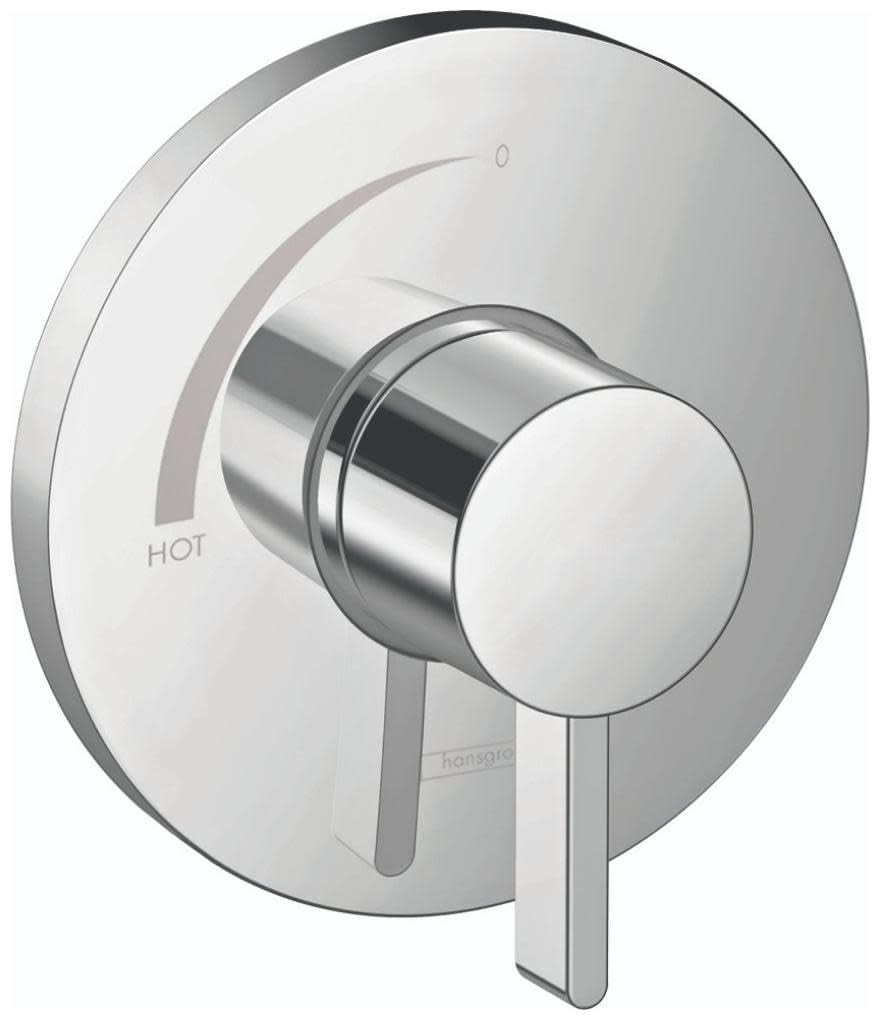 Chrome pressure balance shower valve trim with round escutcheon, single lever handle, and temperature control marking.