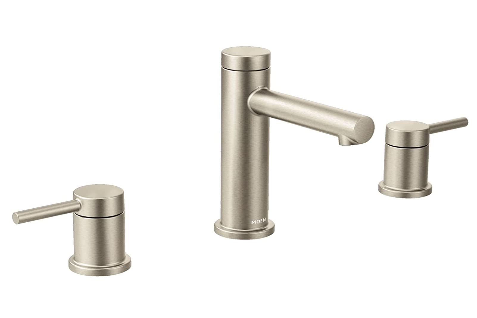 Brushed nickel two-handle bathroom faucet with high arc spout and lever handles.