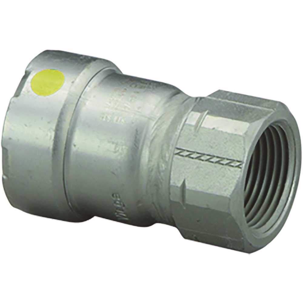 Silver metal adapter with press fitting on left end and threaded female connection on right end, yellow identification dot vi
