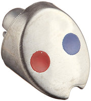 Stainless steel faucet button with red and blue circular indicators on white face.