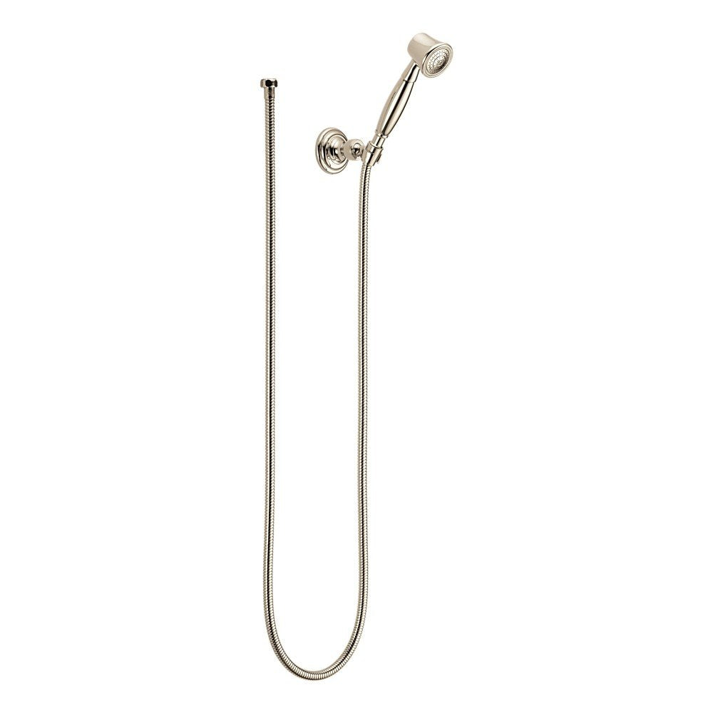 Polished nickel traditional wall-mount hand shower with flexible hose and round showerhead.