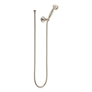 Polished nickel traditional wall-mount hand shower with flexible hose and round showerhead.