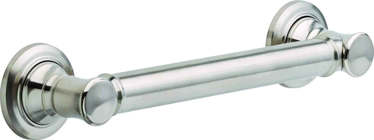 Polished chrome grab bar with circular wall flanges and cylindrical grip, 12 inches long.