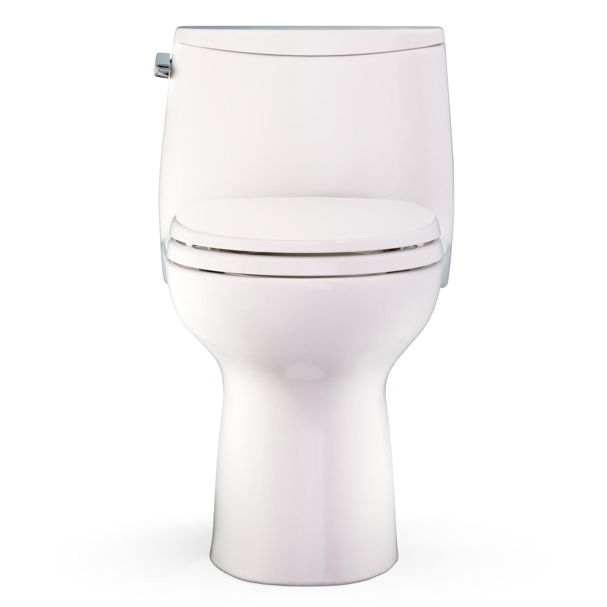 Sedona beige one-piece elongated toilet with closed seat lid and chrome hinges.