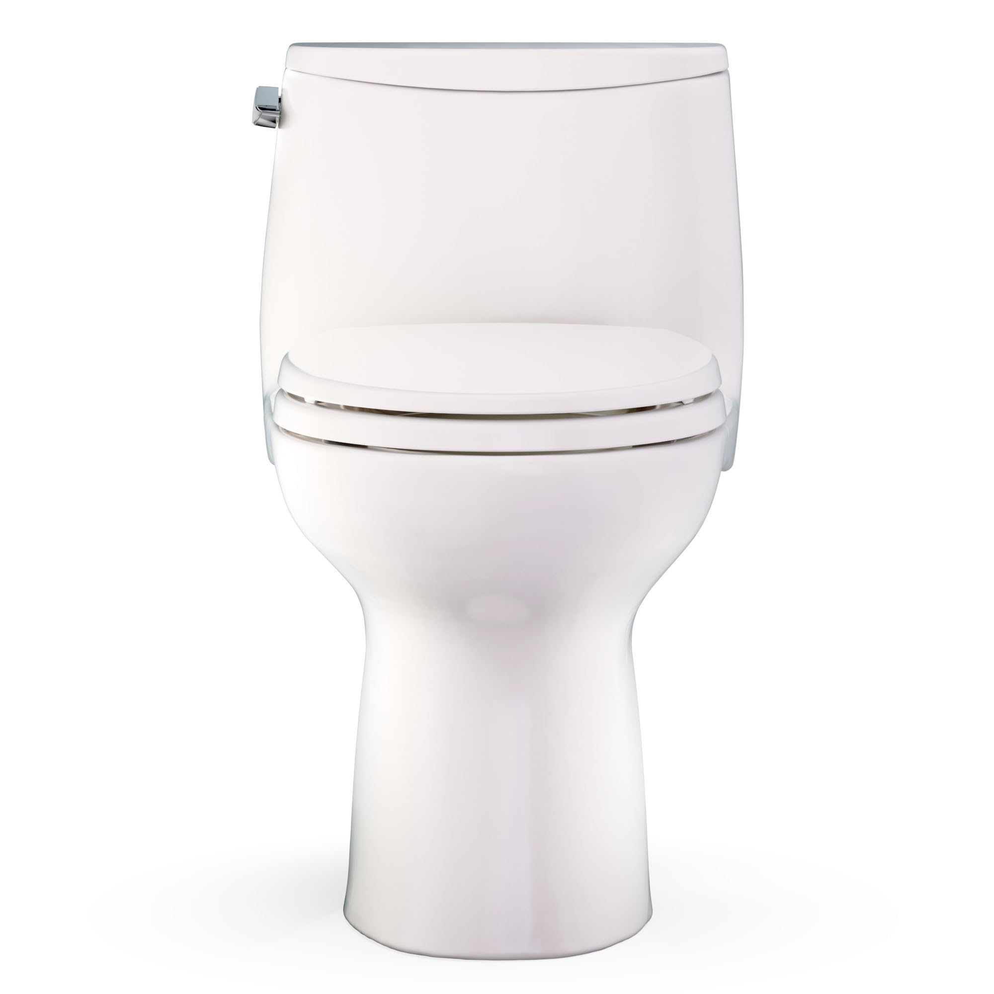 Sedona beige one-piece elongated toilet with closed seat lid and chrome hinges.