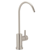 Stainless steel drinking water faucet with curved gooseneck spout and single side-mounted handle.