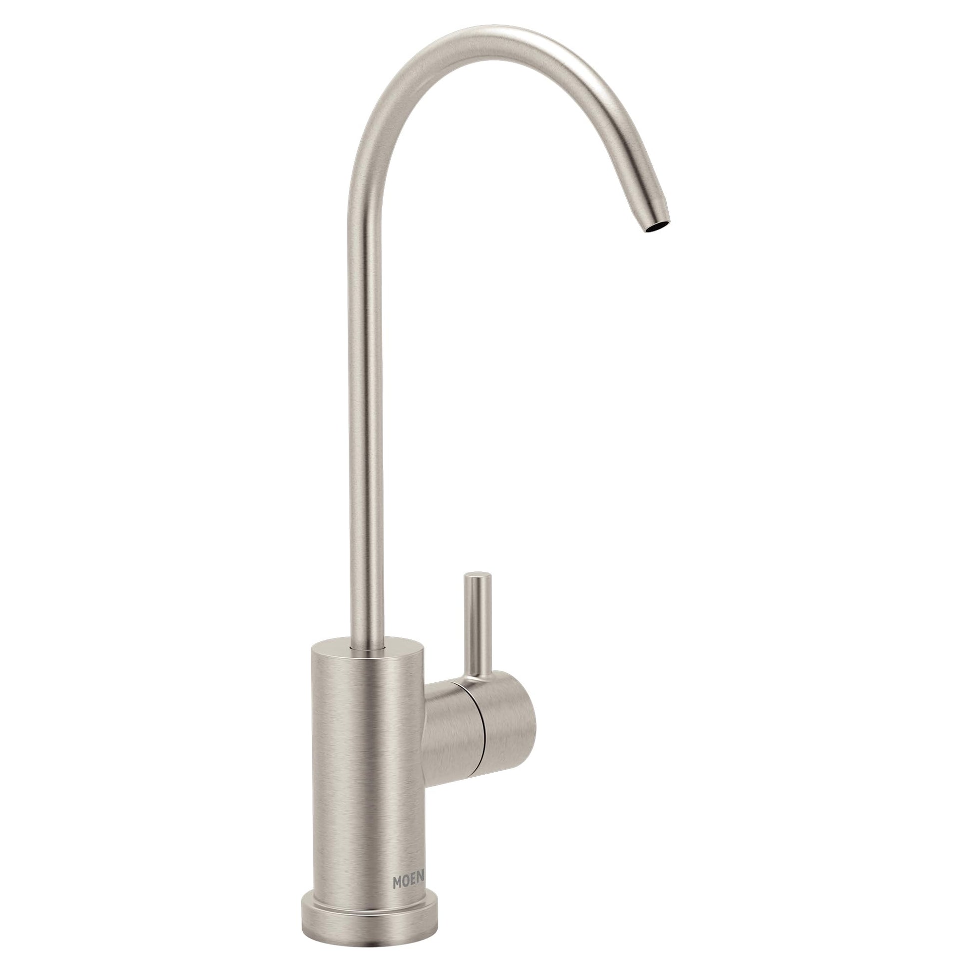 Stainless steel drinking water faucet with curved gooseneck spout and single side-mounted handle.