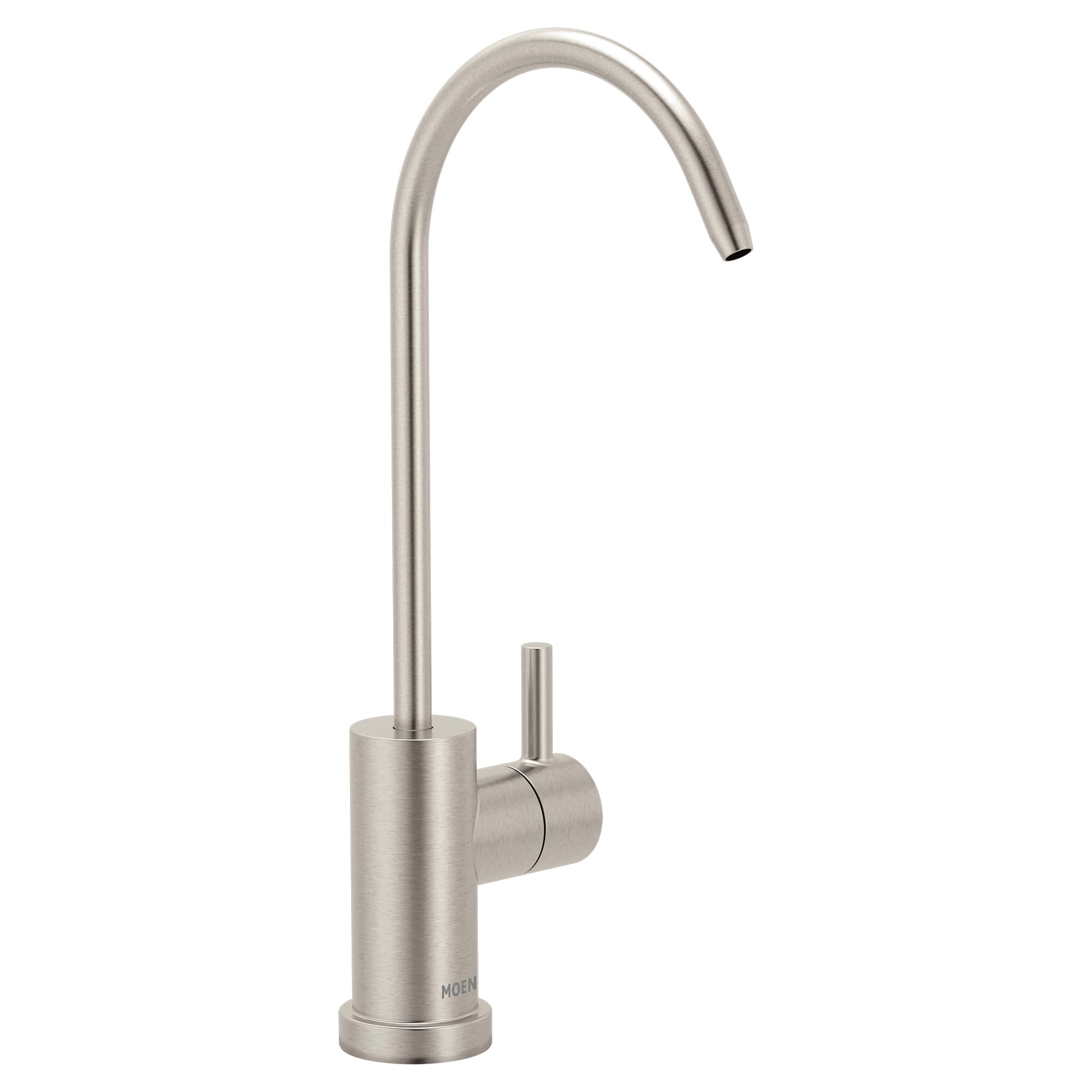 Stainless steel drinking water faucet with curved gooseneck spout and single side-mounted handle.