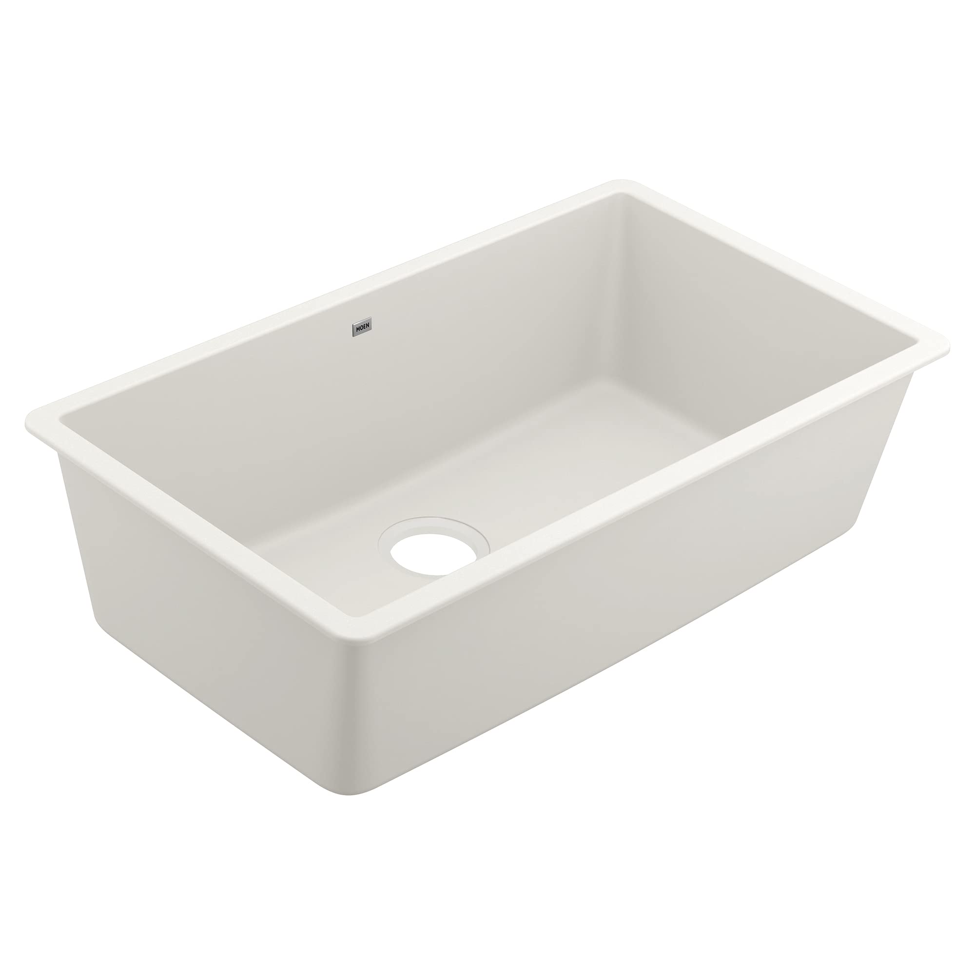 White granite undermount single bowl kitchen sink with rounded corners and drain hole.