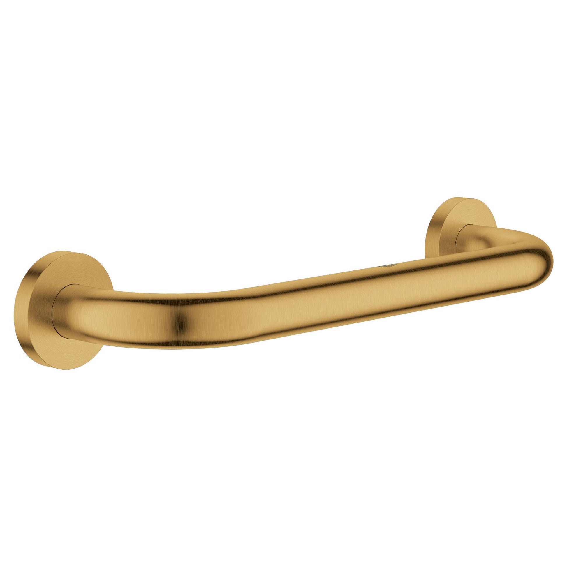 Brushed gold curved grab bar with round wall-mounted flanges on each end.