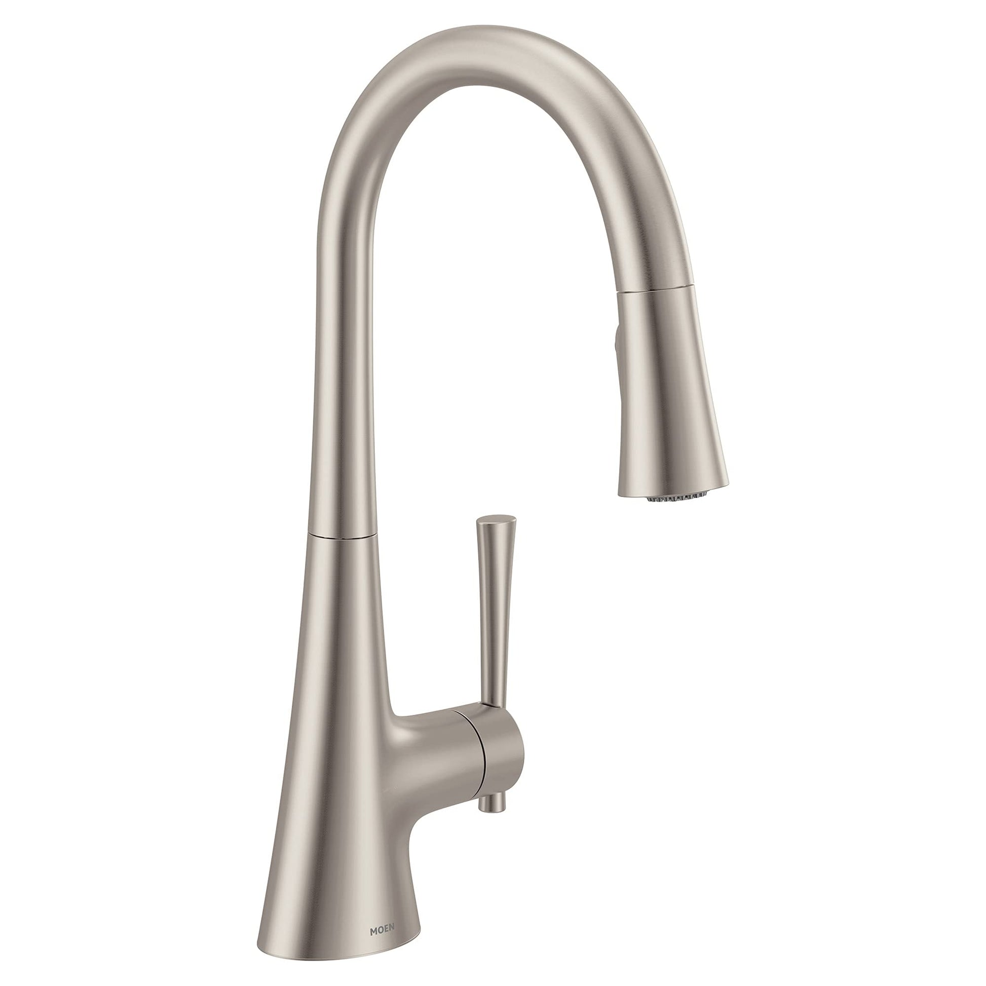 Stainless steel pulldown kitchen faucet with curved spout and single handle in brushed nickel finish.