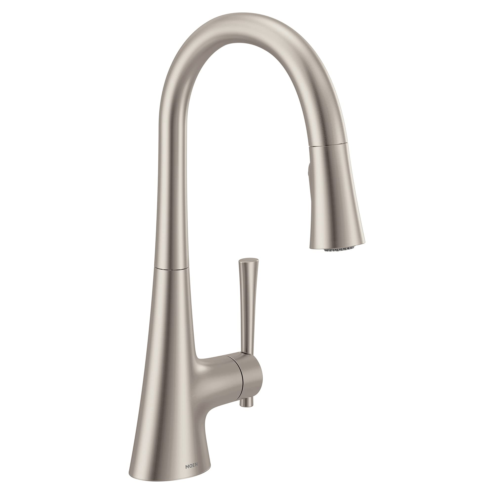 Stainless steel pulldown kitchen faucet with curved spout and single handle in brushed nickel finish.