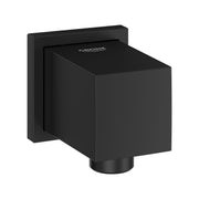 Matte black square wall-mounted elbow connector with Grohe branding and rounded outlet spout.