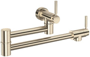 Satin nickel wall-mounted pot filler faucet with dual articulating arms and lever handle.