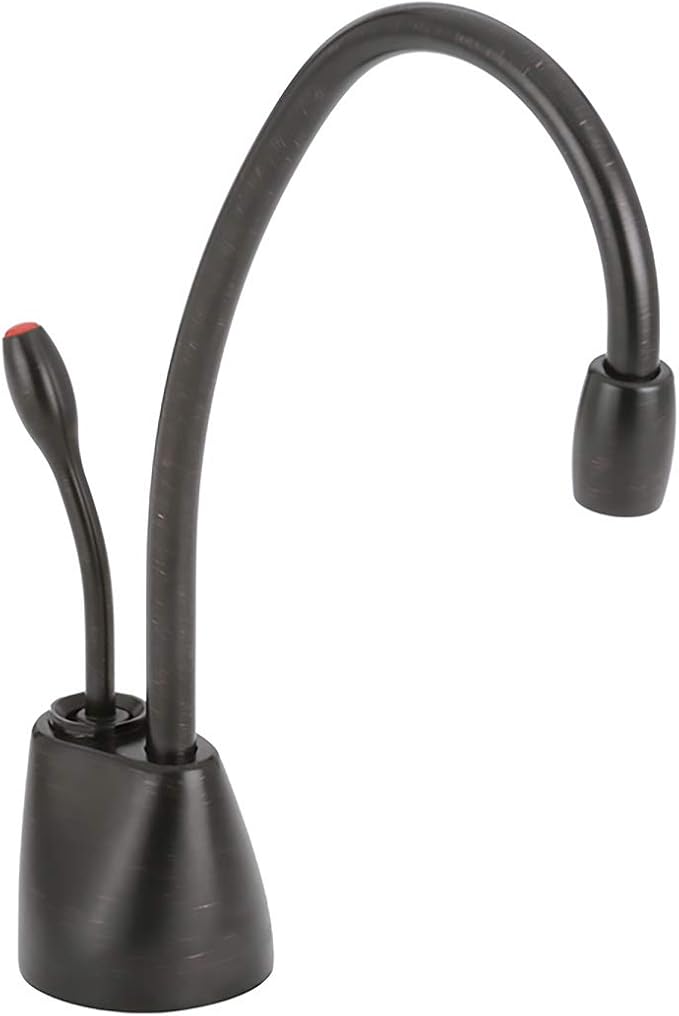 Oil rubbed bronze instant hot water dispenser faucet with curved spout and red indicator button on base.