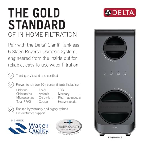 Stainless steel Delta Clarifi contemporary beverage faucet with dual filtration system and touchless operation controls.