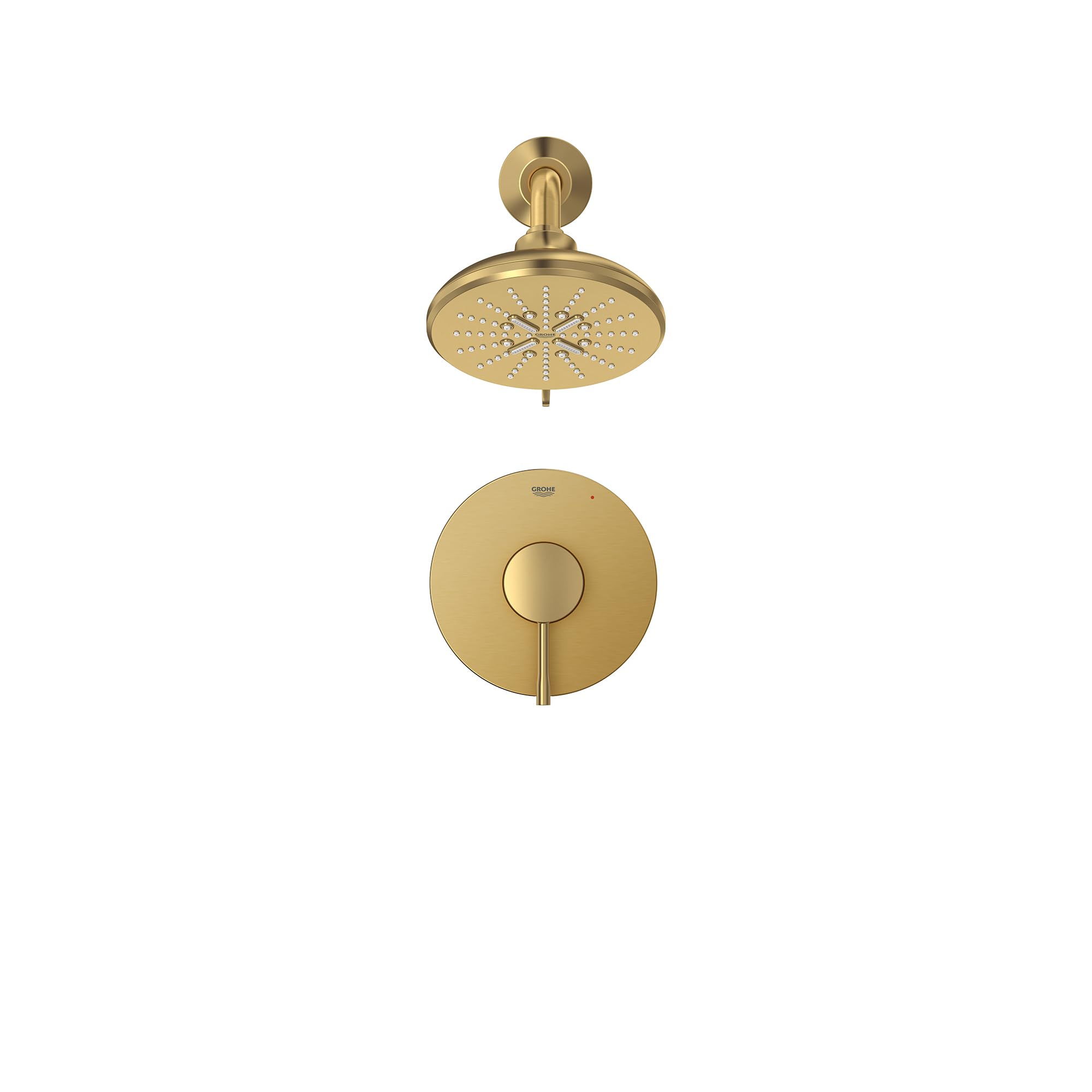 Grohe Essence brushed gold shower valve with round trim plate and overhead rainfall showerhead with control lever.