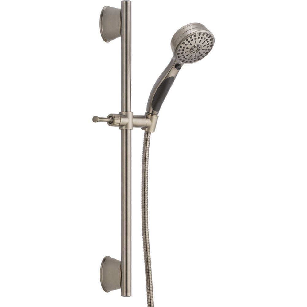 Brushed nickel slide bar hand shower with perforated showerhead, hose, and mounting brackets.