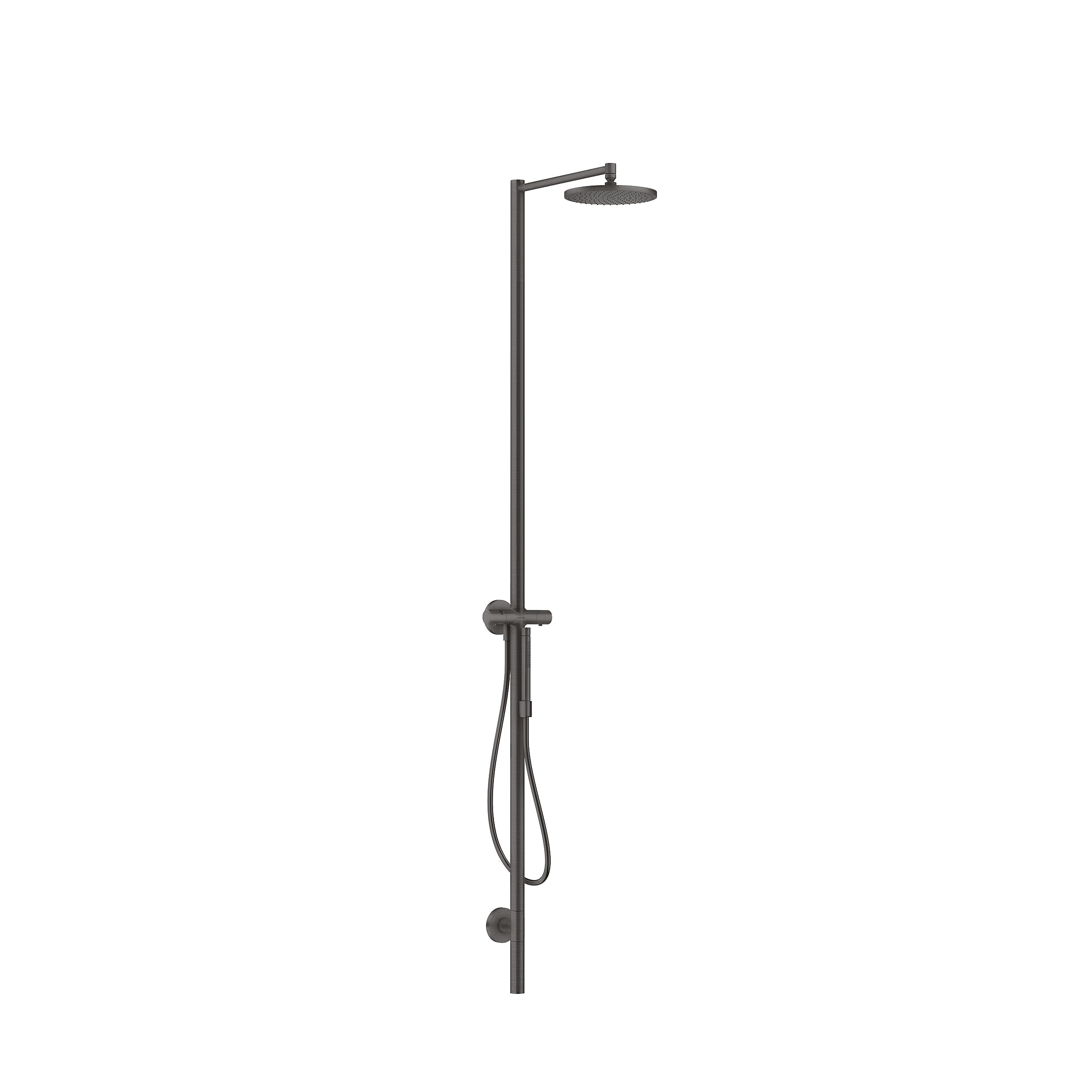 Brushed black chrome showerpipe with overhead rain showerhead and handheld shower wand on vertical rail.