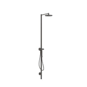 Brushed black chrome showerpipe with overhead rainfall showerhead, hand shower, and control valve mounted vertically.
