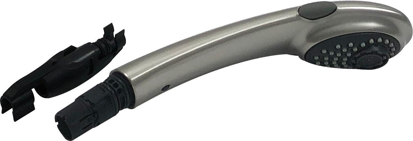 Stainless steel pull-out wand assembly with black showerhead and detachable black spray nozzle attachment.