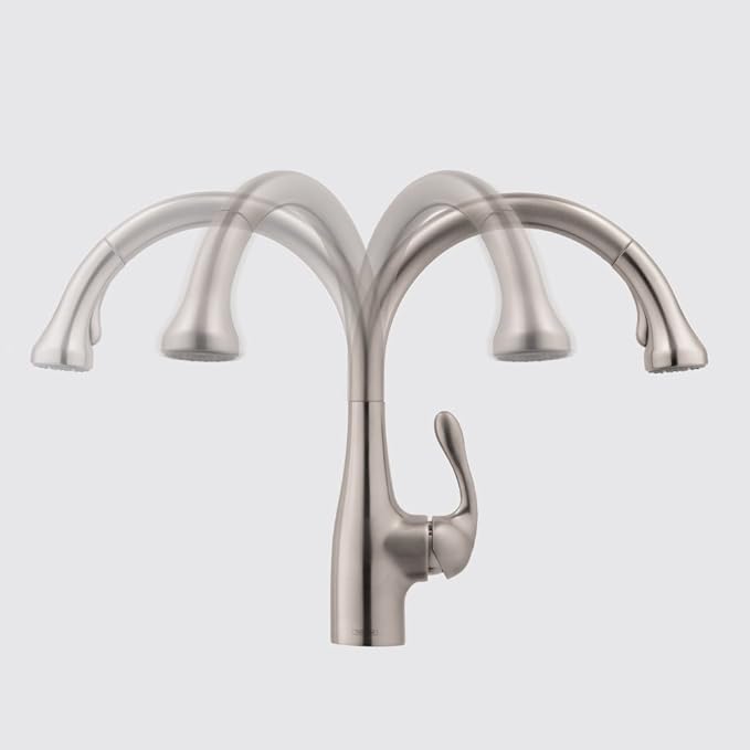 Chrome prep faucet with dual curved spouts and single lever handle in center.
