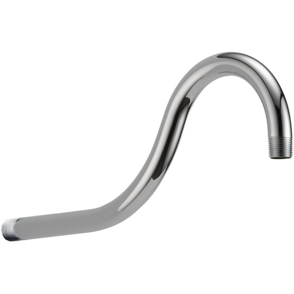 Chrome shower arm with curved design and threaded connection ports on both ends.