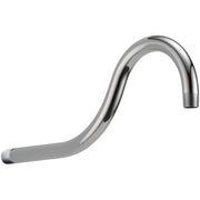 Chrome shower arm with curved design and threaded connection ports on both ends.
