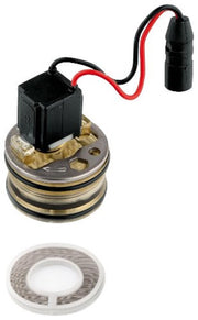 Grohe solenoid valve with brass body, black coil, red and black wires, and filter screen component.