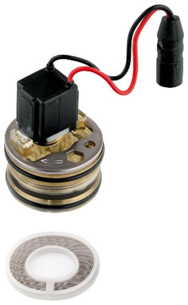 Grohe solenoid valve with brass body, black coil, red and black wires, and filter screen component.