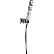 Square chrome hand shower with adjustable wall mount bracket and flexible hose connection.