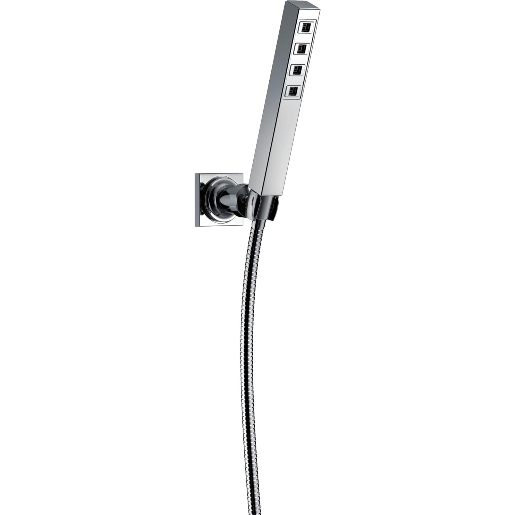 Square chrome hand shower with adjustable wall mount bracket and flexible hose connection.