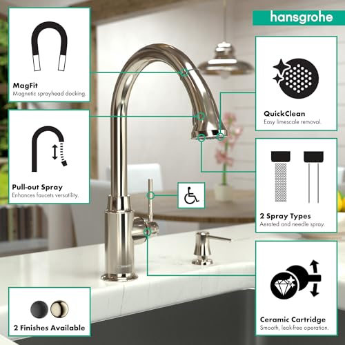 Polished nickel high-arc kitchen faucet with pull-down spray head and magnetic docking feature.