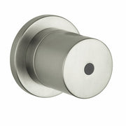 Brushed nickel cylindrical volume control trim with circular escutcheon plate and small center adjustment port.