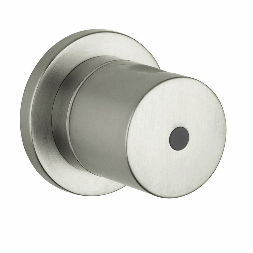 Brushed nickel cylindrical volume control trim with circular escutcheon plate and small center adjustment port.