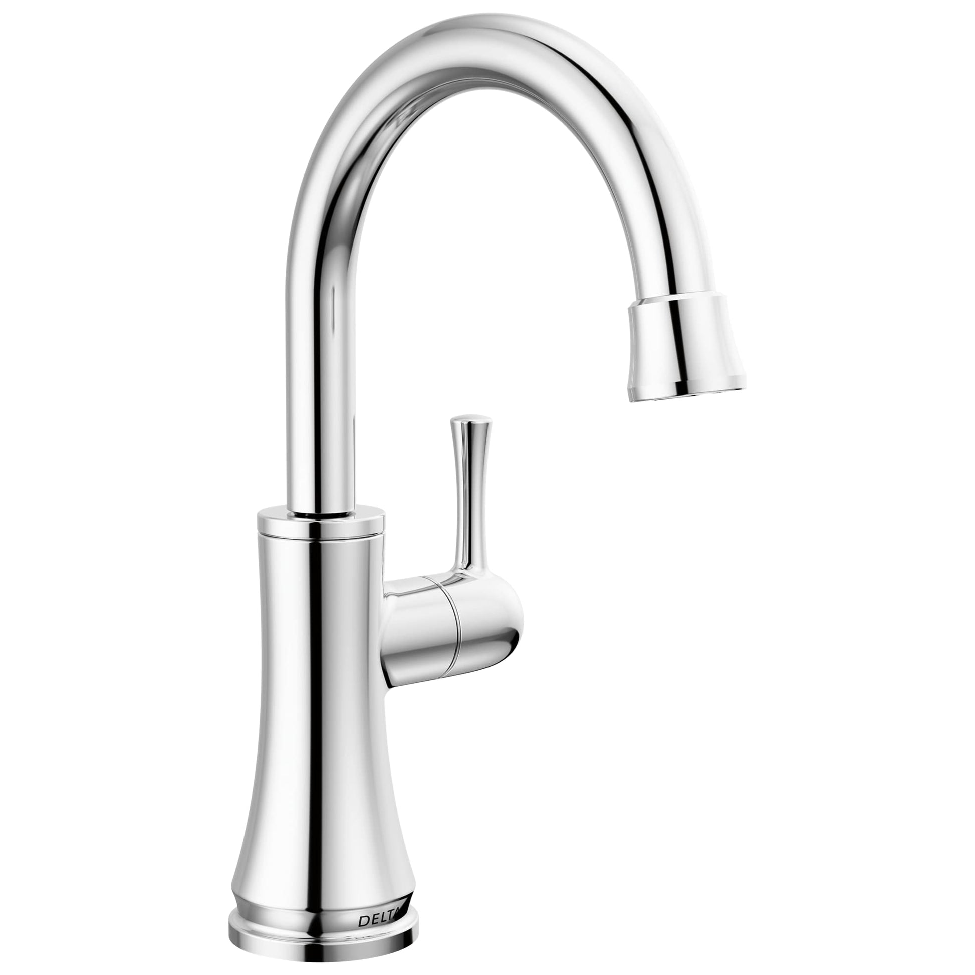 Chrome beverage faucet with high curved spout and single lever handle.