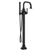 Matte black freestanding floor-mount tub filler with curved spout, single handle, and detachable handshower with hose.