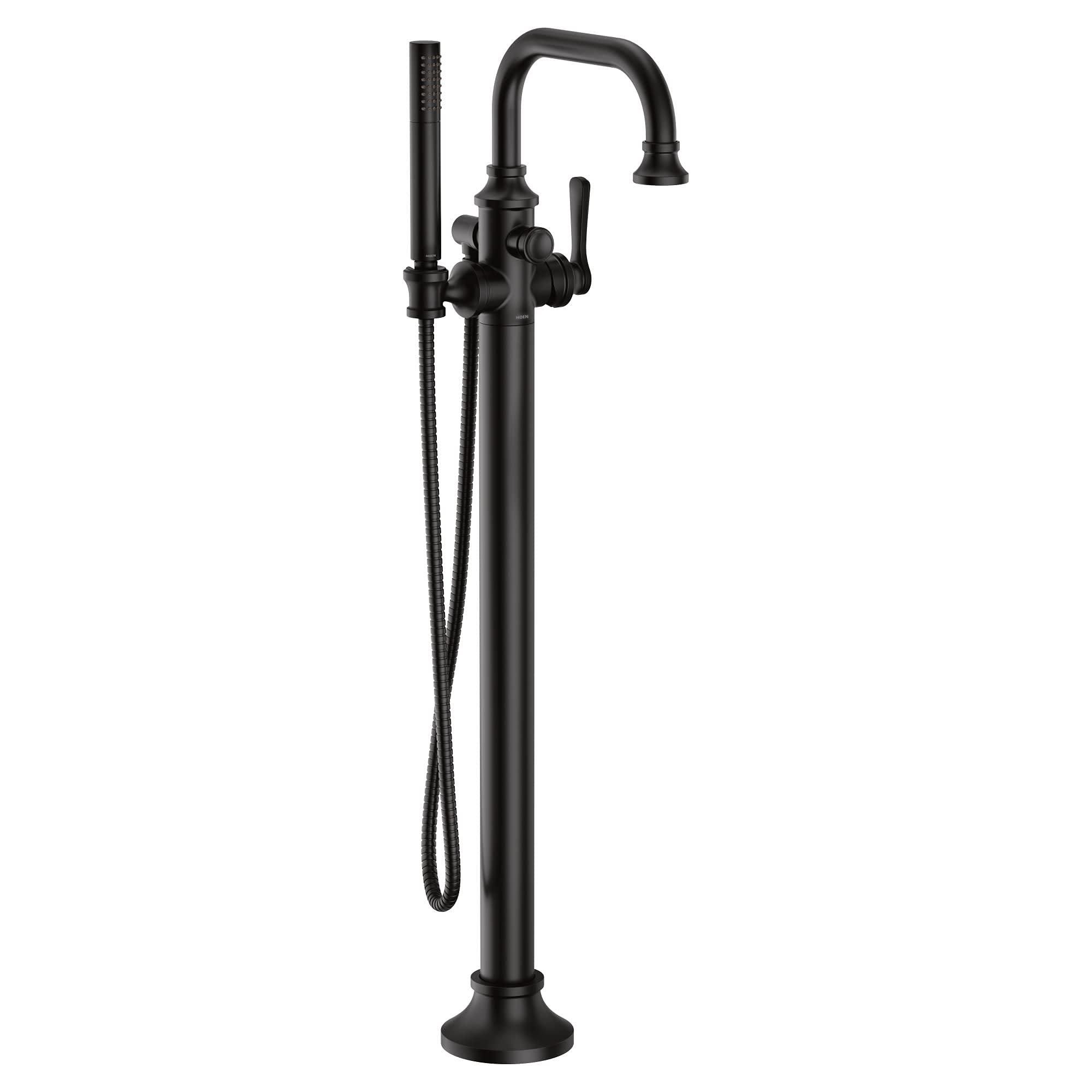 Matte black freestanding floor-mount tub filler with curved spout, single handle, and detachable handshower with hose.