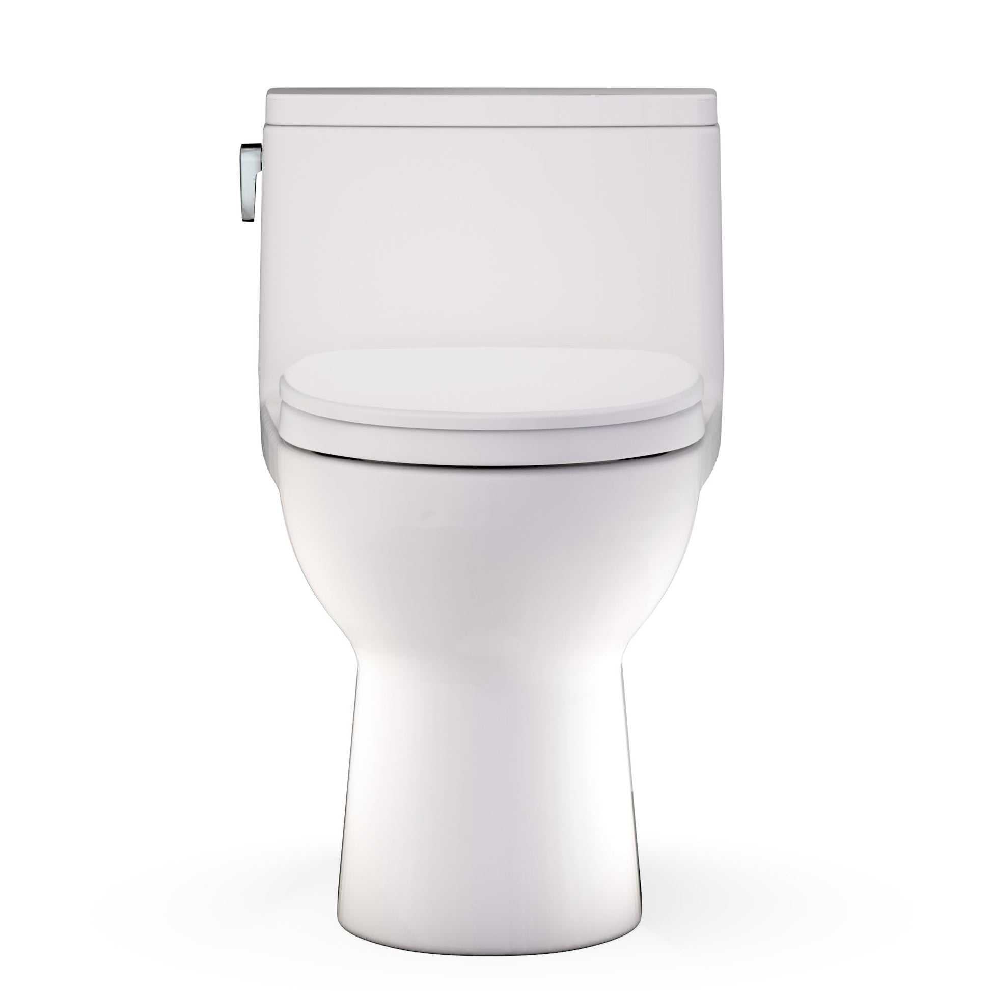 One-piece elongated toilet in sedona beige with closed seat lid and chrome handle on left side.