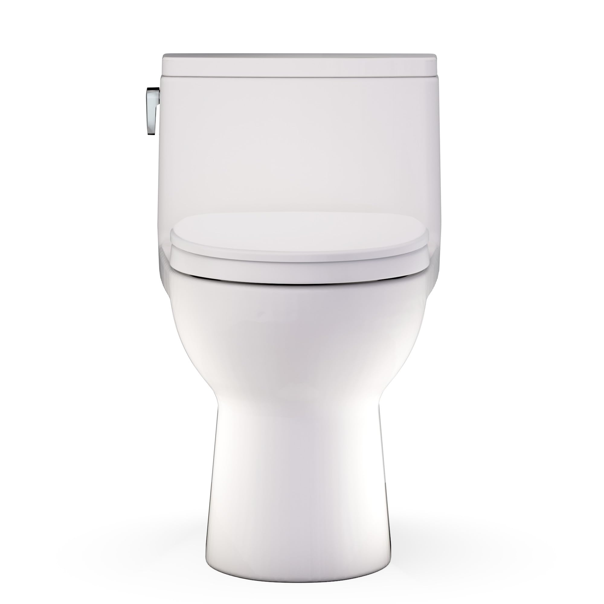 One-piece elongated toilet in sedona beige with closed seat lid and chrome handle on left side.