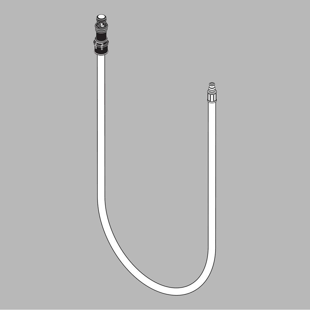 Curved white hose with black spray head attachment on left end and connector fitting on right end.
