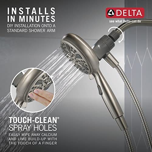 Satin nickel hand shower with 6 spray settings and flexible hose attachment, shown with water spray demonstration.