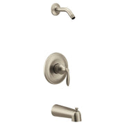 Brushed nickel tub and shower trim kit with single lever handle, curved spout, and showerhead.