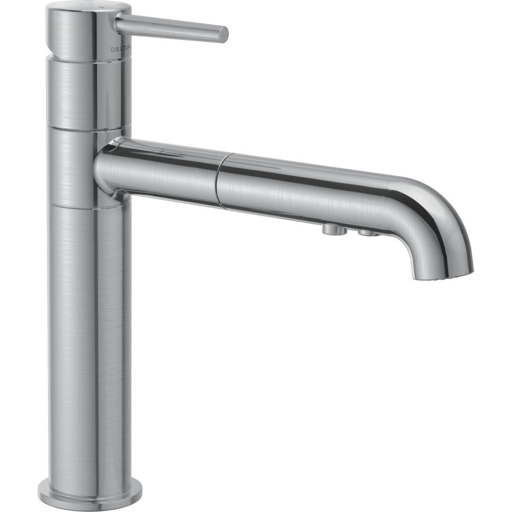 Brushed stainless steel kitchen faucet with single lever handle and pull-out spray spout.