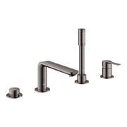 Dark graphite four-piece Roman tub faucet with single lever handle, hand shower, and three deck-mounted control ports.