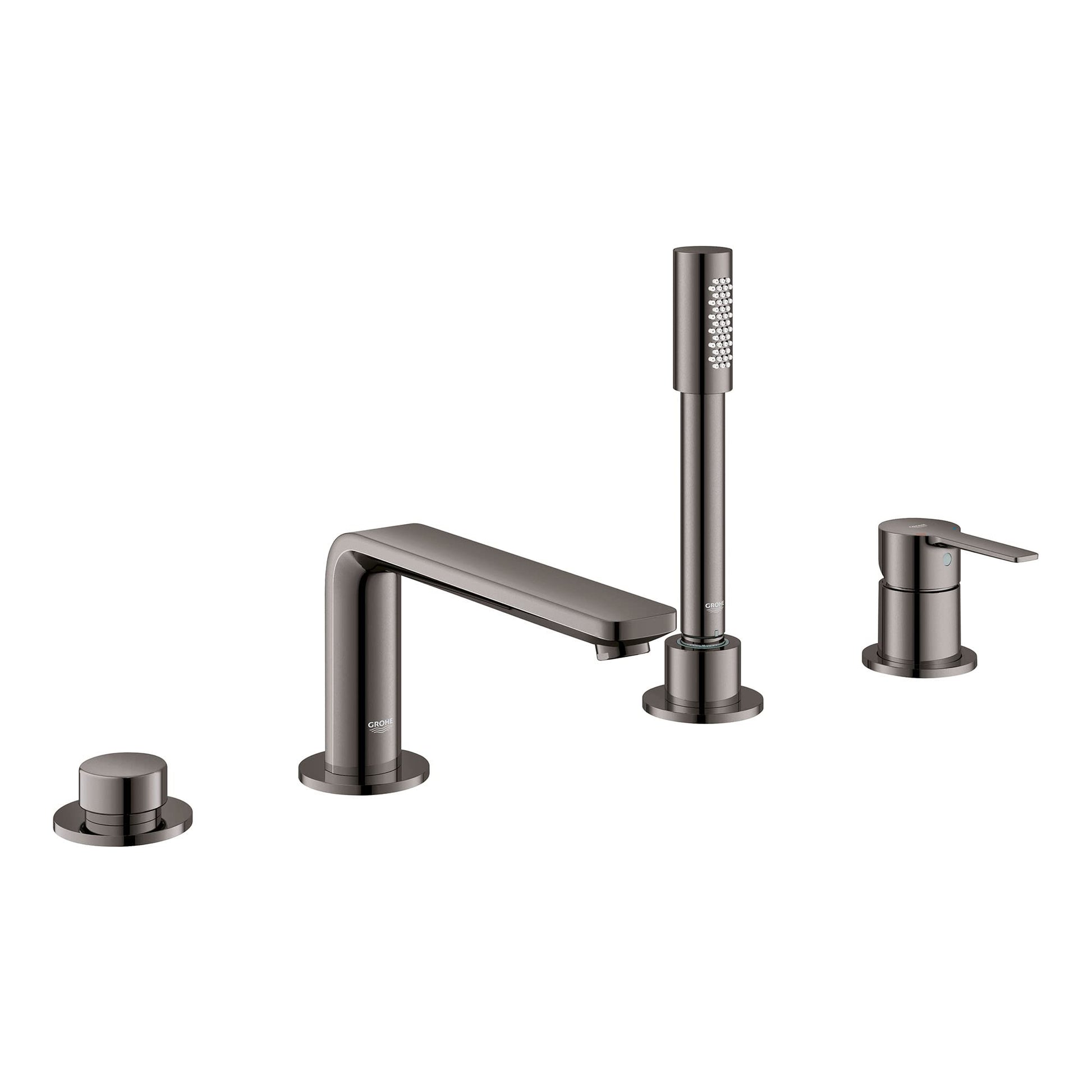 Dark graphite four-piece Roman tub faucet with single lever handle, hand shower, and three deck-mounted control ports.