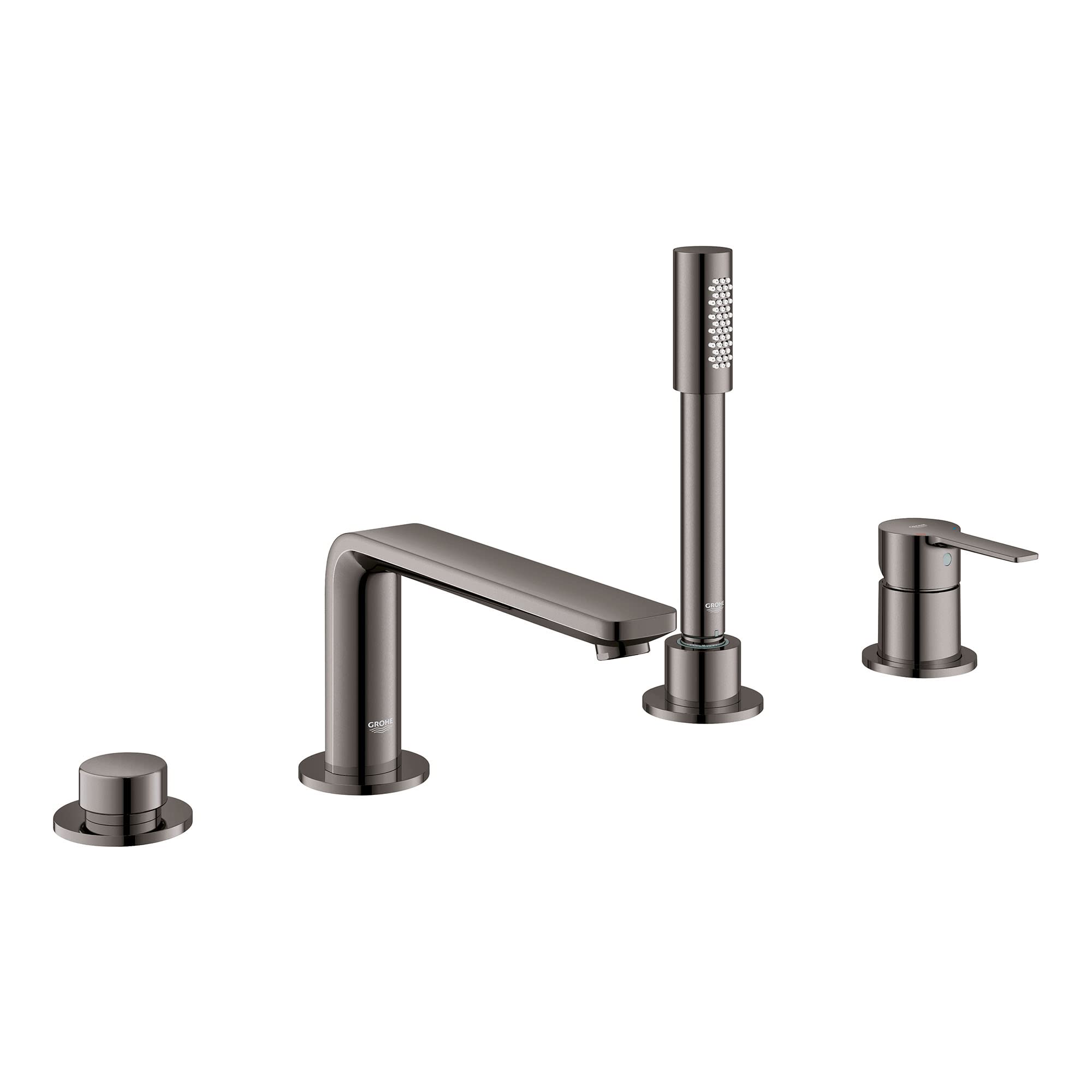 Dark graphite four-piece Roman tub faucet with single lever handle, hand shower, and three deck-mounted control ports.