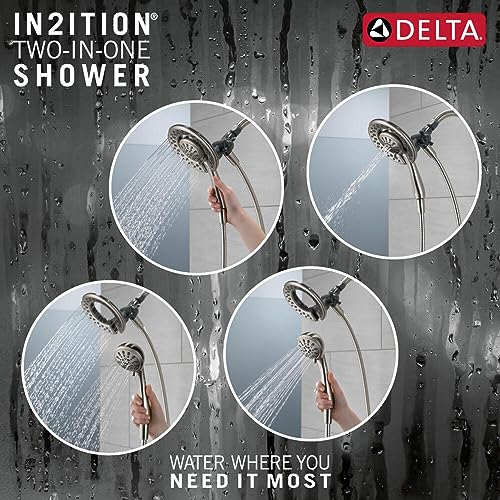 Delta In2ition dual showerhead in brushed nickel displaying four water spray settings with hand-held and fixed head positions